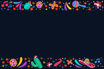 decorative border for hispanic heritage month with cactus, butterfly, maracas. dark blue background