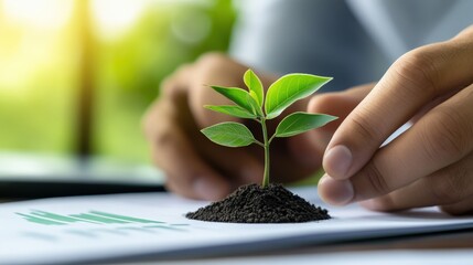 Eco-friendly planting concept with hands holding small tree sapling over soil on paper with financial charts and green background for sustainability