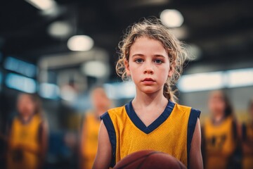 Young female basketball player with curly hair wea a yellow jersey standing on indoor court du game or practice session