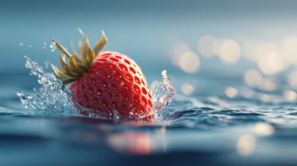 Bright red strawberry with green leafy crown floating in clear water creating splash and ripples with soft blurred background and natural light