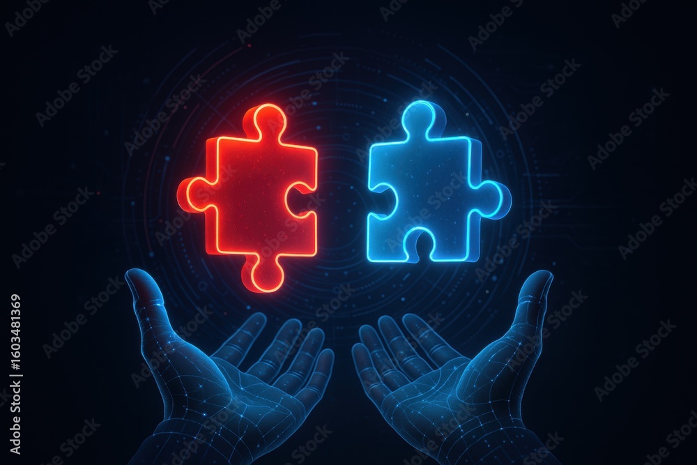 Poster connection in the digital sphere: a captivating digital rendering showcases two glowing puzzle piece