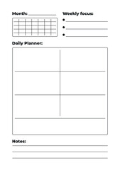 Minimalist weekly planner template with monthly calendar, weekly focus, task section and notes, black and white vector layout
