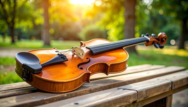 A violin rests outdoors on wood table - Powered by Adobe
