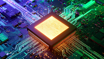 Processor in the circuit: A macro photograph that reveals the intricate pathways and a central processor, a testament to modern computational prowess, radiating an ethereal glow.