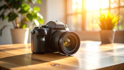Camera on wooden table in soft light