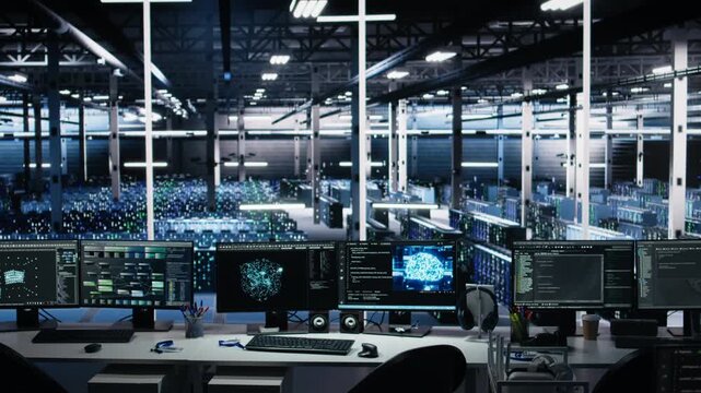 Data center computer systems on desk controlling network resources through AI visualization dashboards, and artificial intelligence programming software mapping infrastructure connections