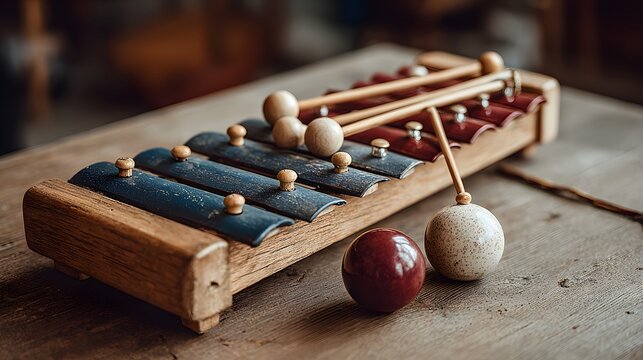 Antique wooden xylophone resting on a rustic table.