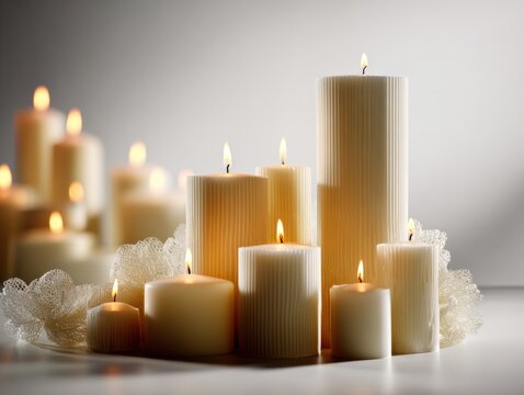Elegant collection of white and ivory candles with flicke flames, surrounded by decorative lace and soft glowing lighting for ambient decor