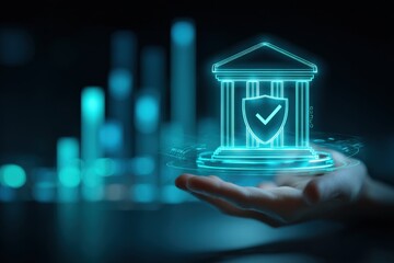 Fototapeta na wymiar Modern digital banking security concept with holographic bank shield symbol and futuristic financial technology icons on a touchscreen interface