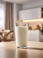 Refreshing and Cold Glass of Milk on a Wooden Table in a Modern Bright Kitchen with Soft Natural Lighting and Cozy Interior Design