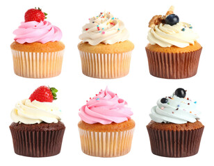 Compilation Of Six Colorful Cupcakes With Various Frosting And Toppings Against A Transparent Background