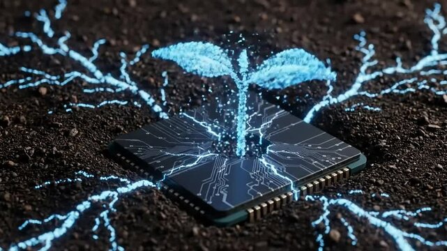 Futuristic agritech concept with a glowing digital plant emerging from a computer processor chip embedded in soil, representing innovation.