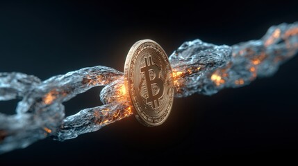 Digital Bitcoin coin floating in water with glowing effects symbolizing cryptocurrency digital finance and blockchain technology concepts