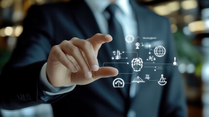 Business professional in formal suit interacting with digital icons representing technology innovation and connectivity in modern office environment