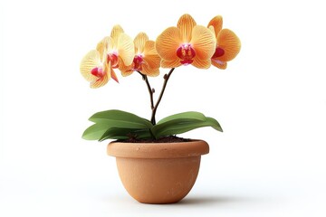Beautiful blooming orchid plant with peach and pink flowers in a terracotta pot on white background for decorative indoor garden use