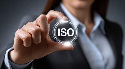 Businesswoman in formal suit holding a glowing ISO certification button with digital effect in office environment for professional quality assurance