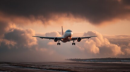 Naklejka premium Commercial passenger airplane landing on runway du sunset with dramatic clouds in the sky and airport runway lights visible beneath