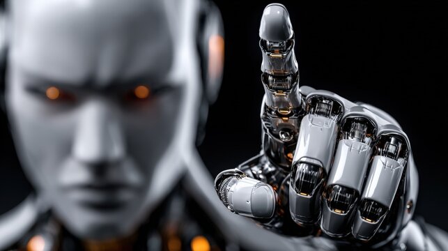 Highly detailed close-up of a futuristic robotic human with glowing orange eyes and a mechanical hand pointing forward in a digital art style