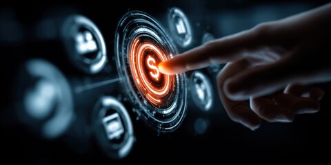 High-tech digital security interface with glowing lock icon and hand interacting with futuristic holographic security system