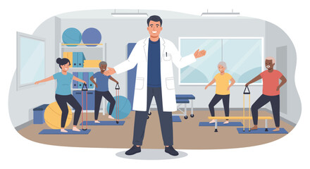 Smiling Doctor Supervising Physical Therapy Exercises in Clinic.