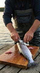 Fisherman cuts fresh salmon on dock