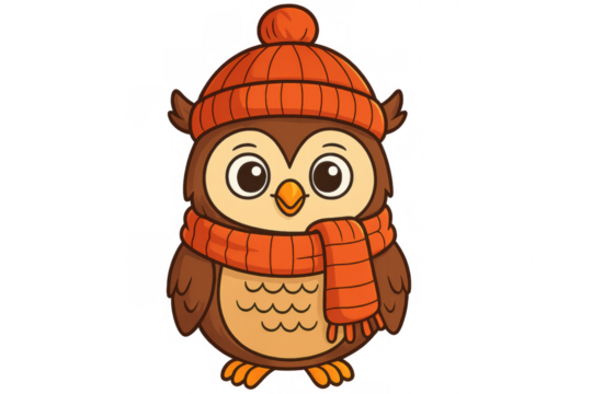 Adorable owl wearing orange winter hat and scarf, perfect for children's book illustrations or winter-themed designs