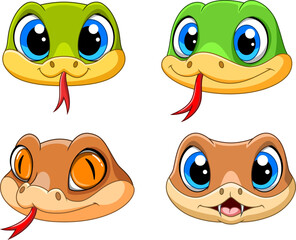 Illustration of Cute funny snake faces.cartoon set collection