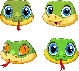 Illustration of Cute funny snake faces.cartoon set collection