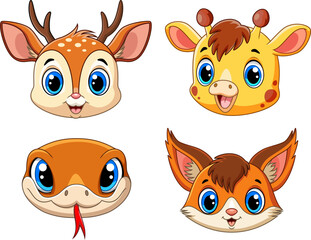 Illustration of Cute wild animal head. cartoon set collection