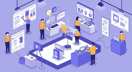 Obraz premium Isometric Illustration of Digital Technology and People Working.
