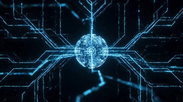 Futuristic cyber security concept with a glowing blue digital lock at the center of an intricate circuit board network