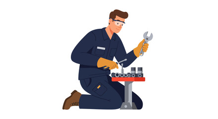 Mechanic Kneeling with Tools Wearing Safety Glasses and Gloves.