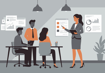 Business meeting woman presents to colleagues chart papers on wall office scene