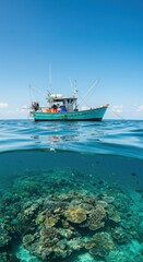 Obraz premium Fishing boat on coral reef. Underwater split view