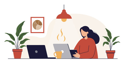 Woman Working on Laptop at Home Office.