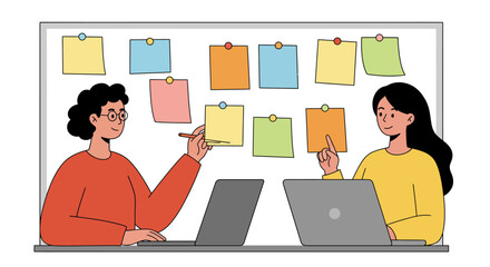 Two People Collaborating with Sticky Notes and Laptops.