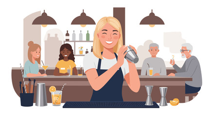 Smiling Blonde Bartender Shaking Cocktail in Bar.