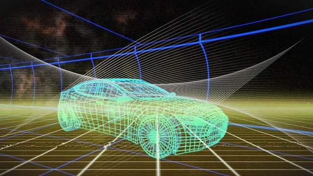 Mesh sweeping tunnel morphing into web enveloping cyan sedan retracting showcasing digital design