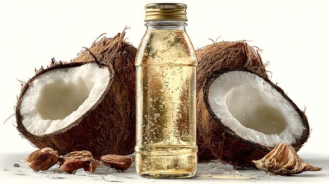 Fresh coconuts and a bottle of coconut oil.