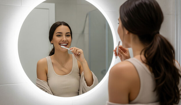 Woman brushing teeth in front of mirror