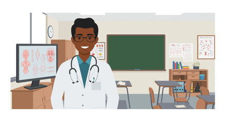 Smiling Black Doctor in White Coat with Stethoscope.