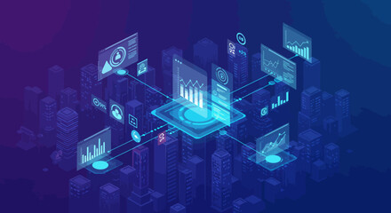 Futuristic Cityscape with Data Visualization and Technology.