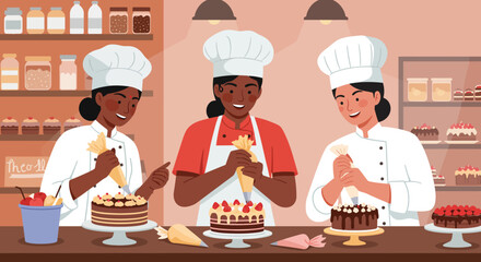 Three Bakers Decorating Cakes in a Bakery Kitchen.