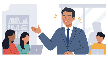 Smiling Businessman Presenting in a Modern Office Setting.