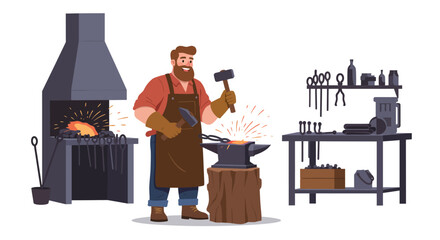 Smiling Blacksmith Working with Hammer and Anvil.