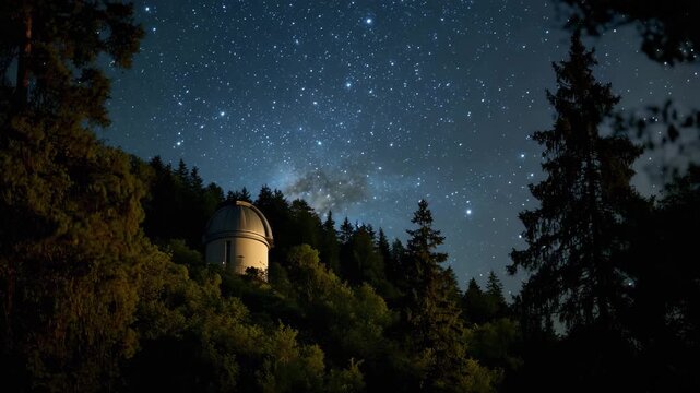A serene observatory perched amidst lush greenery under a starlit night sky, symbolizing the quest for knowledge and our connection to the universe and beyond.