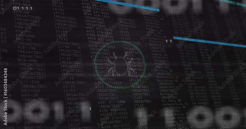 Poster Interface opening, bug icon animating with circuits, code, scan line simulating malware detection