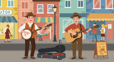 Street Musicians Playing Banjo and Guitar Smiling.