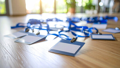 Event Name Badges: An array of pristine, blank event name badges and their associated lanyards lie strewn across a polished wooden floor, bathed in the soft, ambient light from a nearby window.