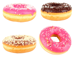 Four Delicious Donuts Displayed With Variety of Frosting Sprinkles and Nuts Against a Transparent Backdrop